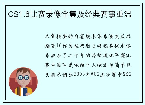 CS1.6比赛录像全集及经典赛事重温